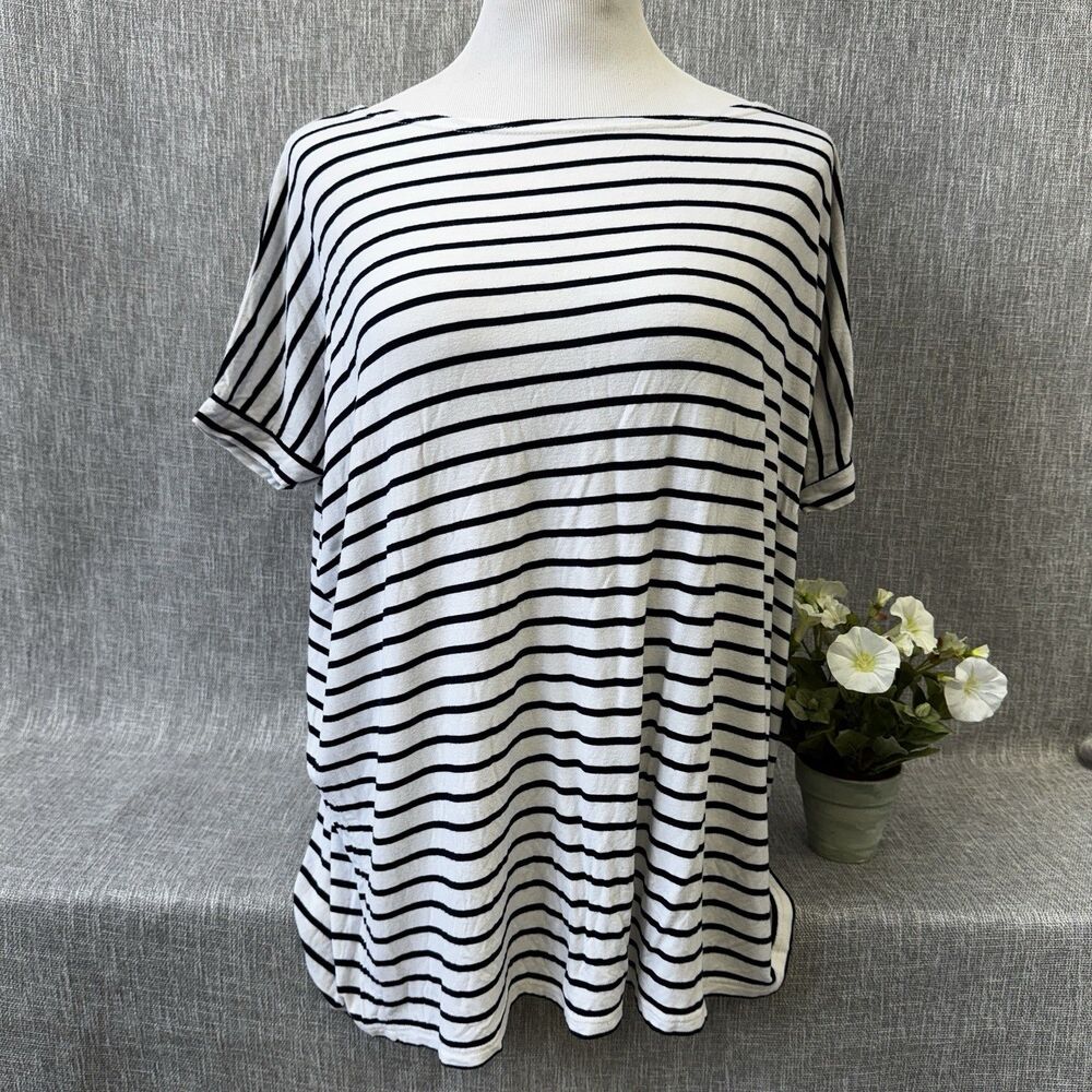 PIKO 1988 Joyful Adventures rayon boat neck Top Women's blouse L Navy stripes